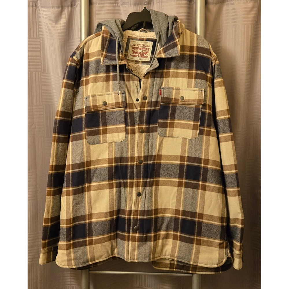 Levis Mens Hooded Flannel Sherpa Lined Plaid Shirt Jacket Tan Brown Blue Large